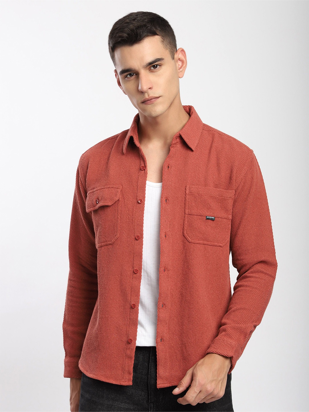 

Beyoung Men Spread Collar Textured Cotton Casual Shirt, Rust