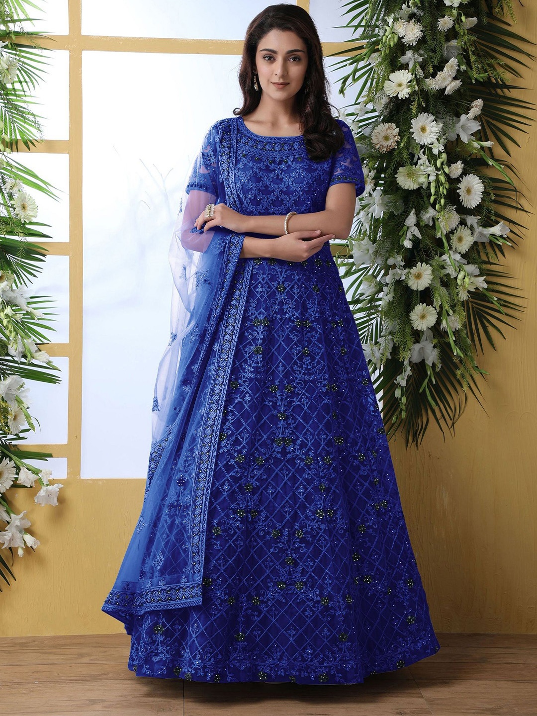 

A TO Z CART Floral Embroidered Maxi Dress, Blue