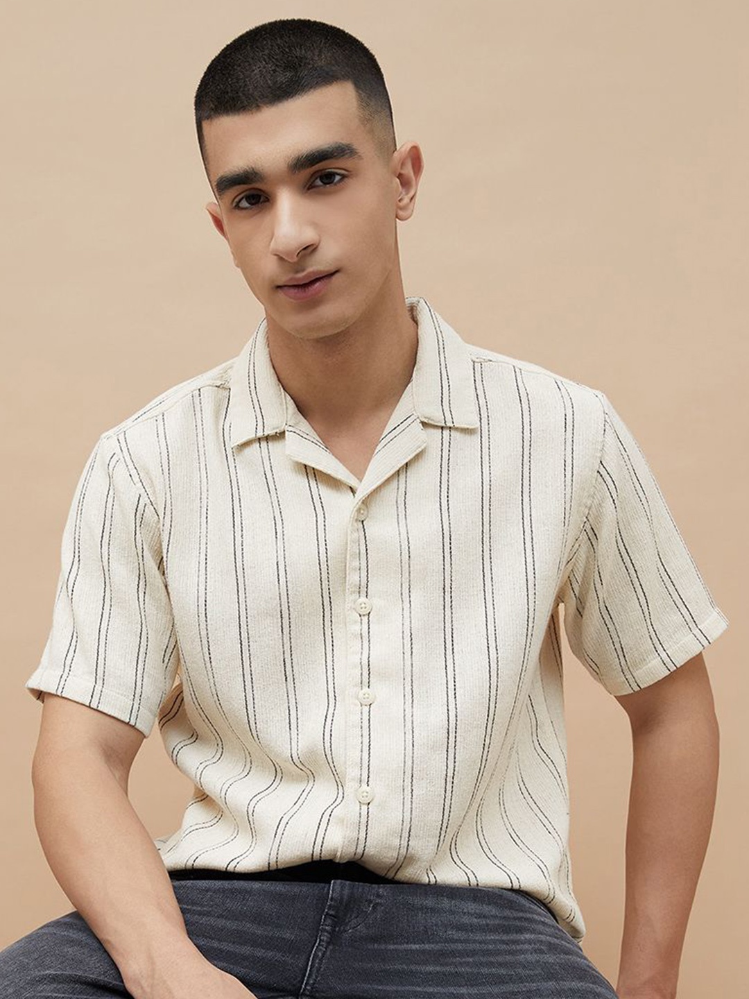

Forca Men Cuban Collar Vertical Striped Cotton Casual Shirt, Beige