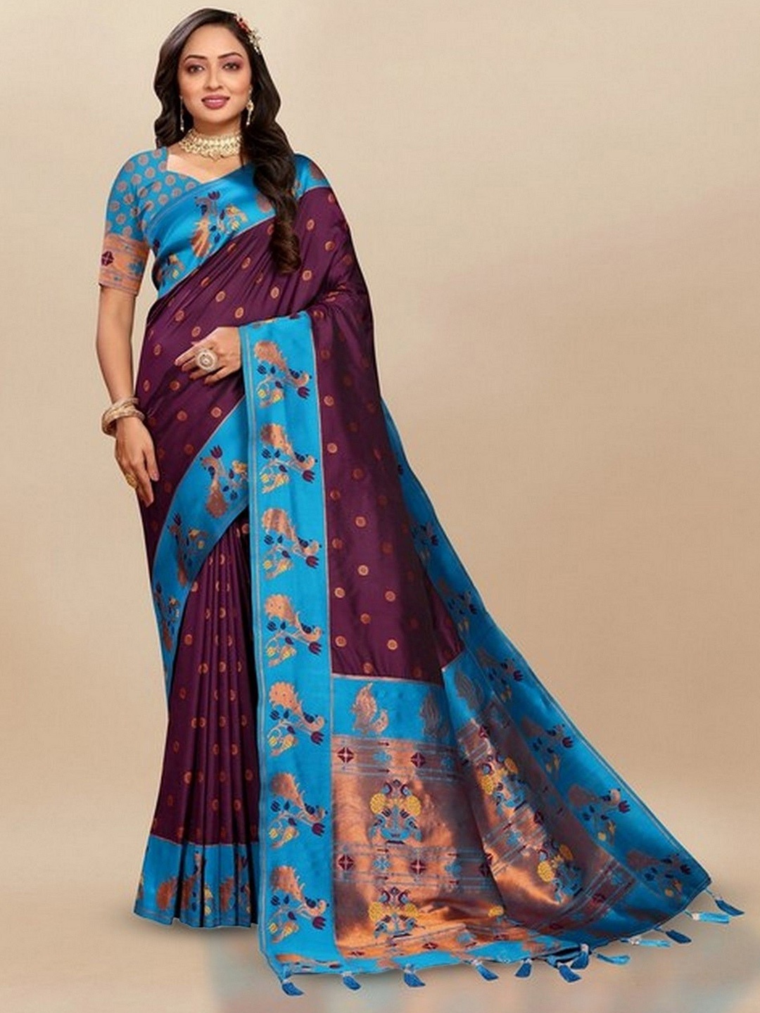 

VARNI FABRICS Woven Design Zari Pure Silk Paithani Saree, Purple