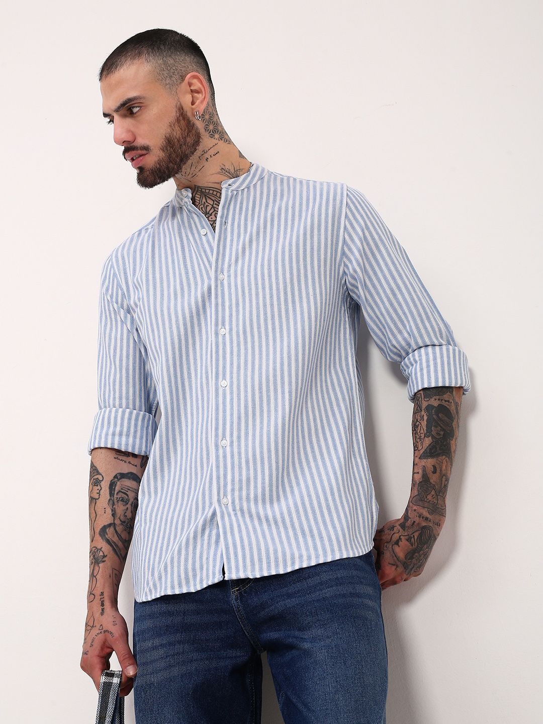 

SHOWOFF Men Comfort Slim Fit Mandarin Collar Vertical Striped Cotton Casual Shirt, Blue