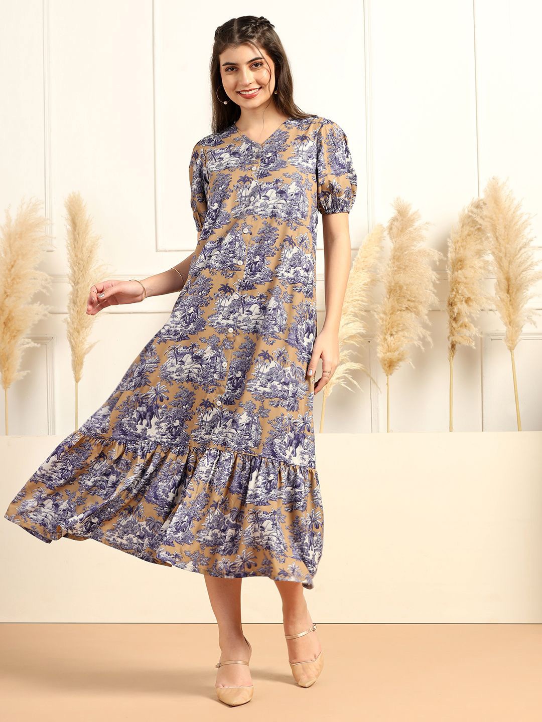 

BAESD Women Floral Printed Puff Sleeves A-Line Midi Dress, Khaki