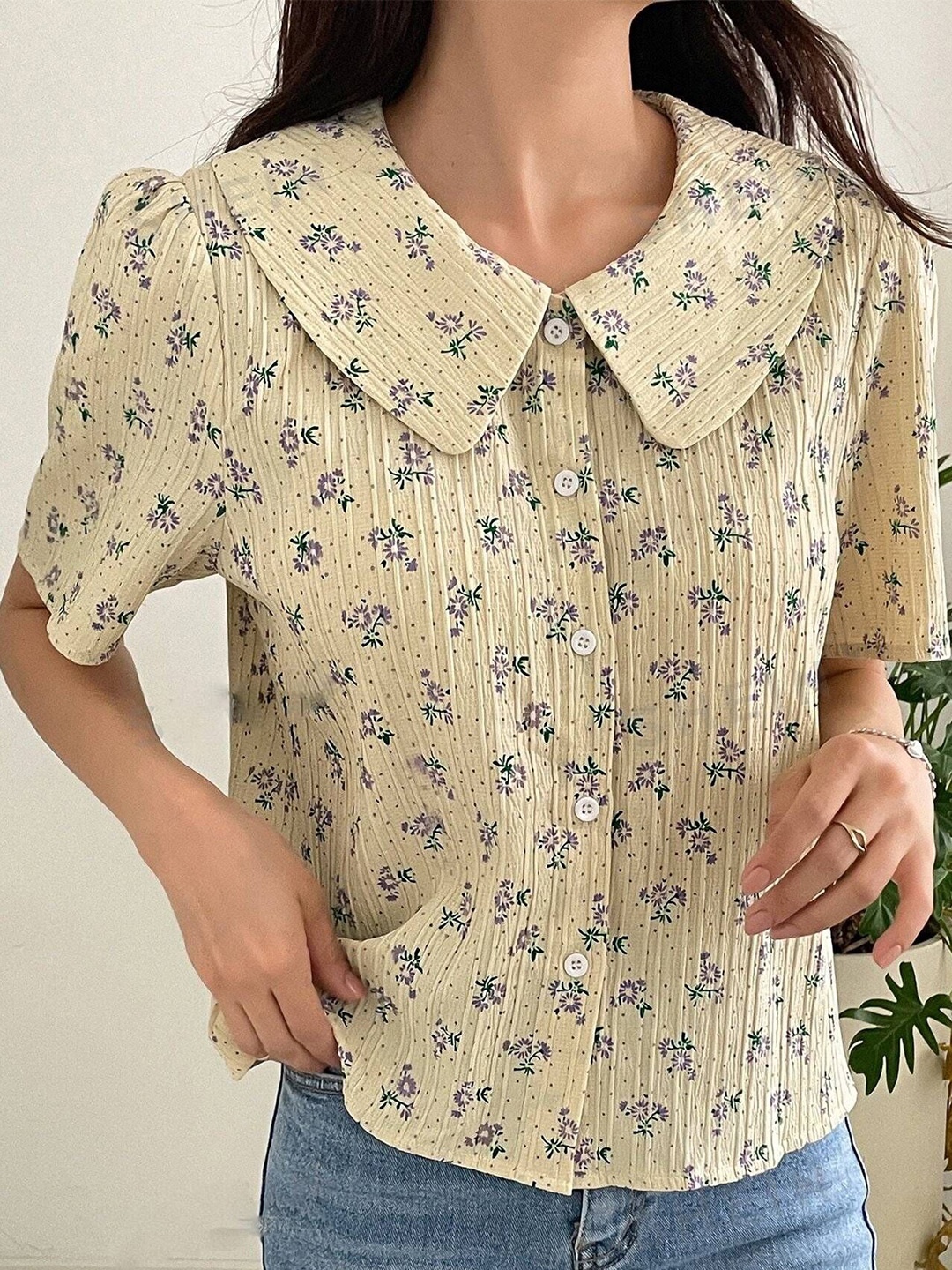 

Mast & Harbour Women Peter Pan Collar Top, Yellow