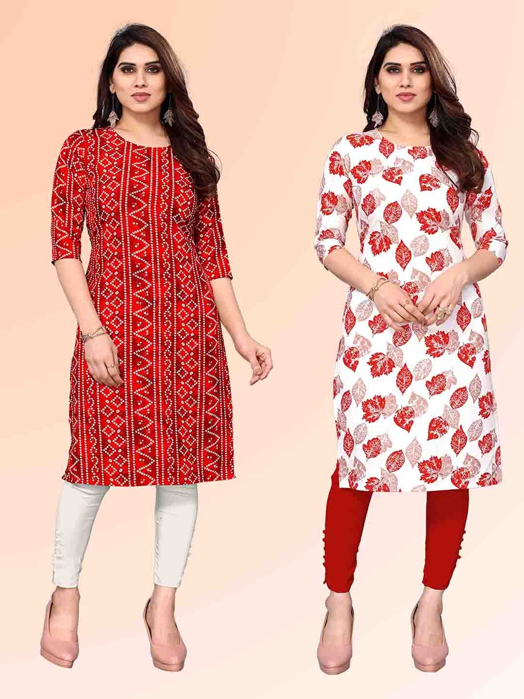 

KETAKI FASHION Selection Of 2 Bandhani Printed Straight Kurtas, Red