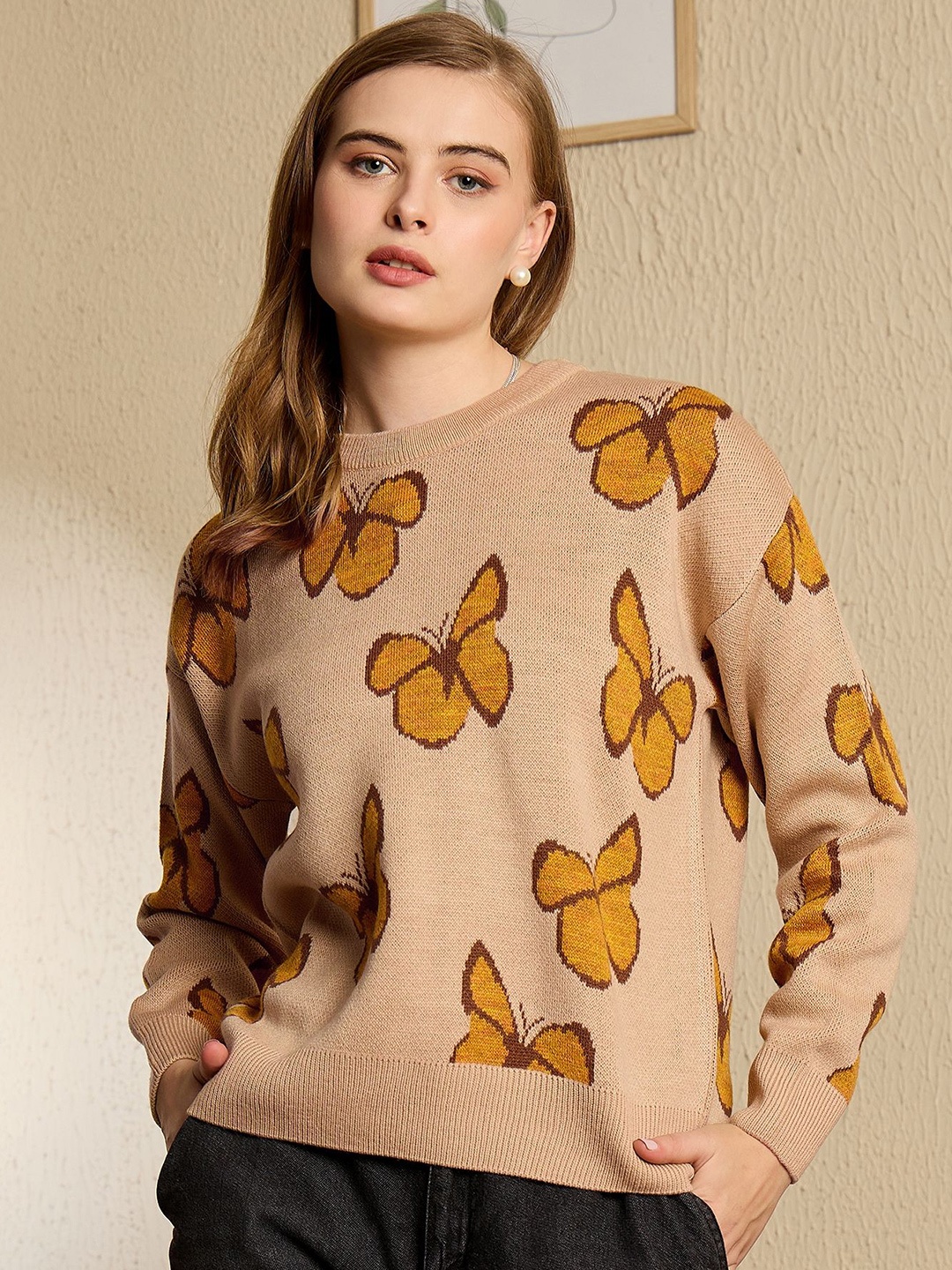 

Berrylush Women Printed Pullover Sweater, Beige