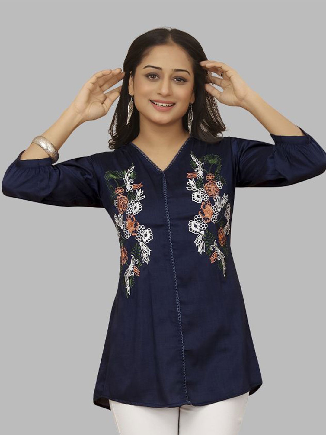 

Krimmple Women Floral Embroidered Cotton Top, Blue