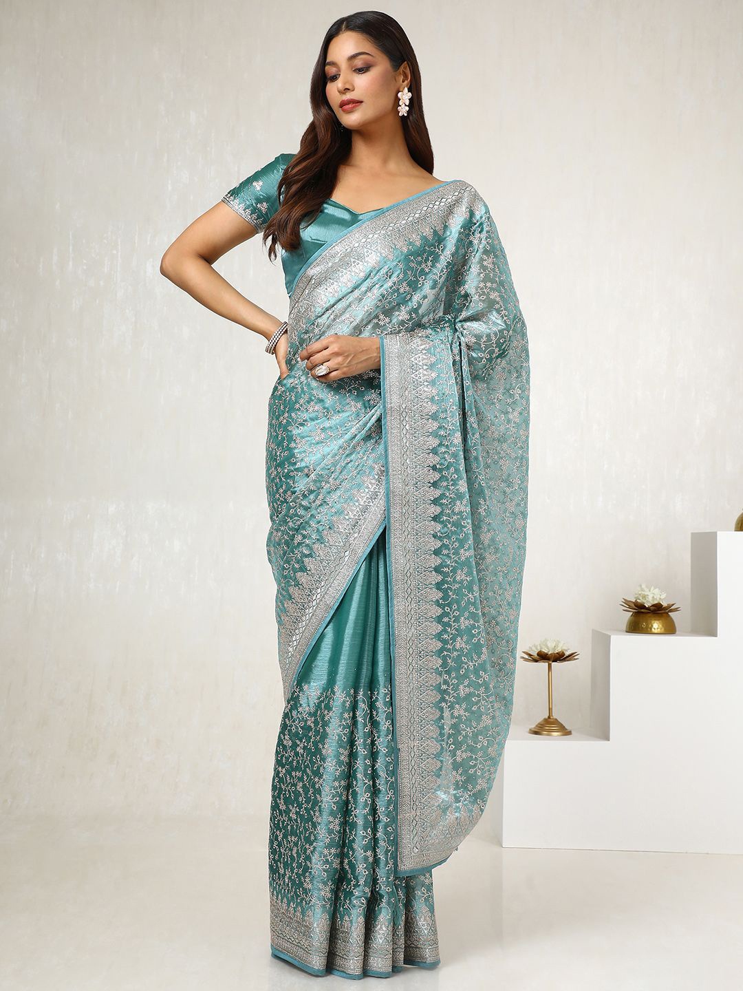 

Soch Floral Beads and Stones Organza Saree, Teal