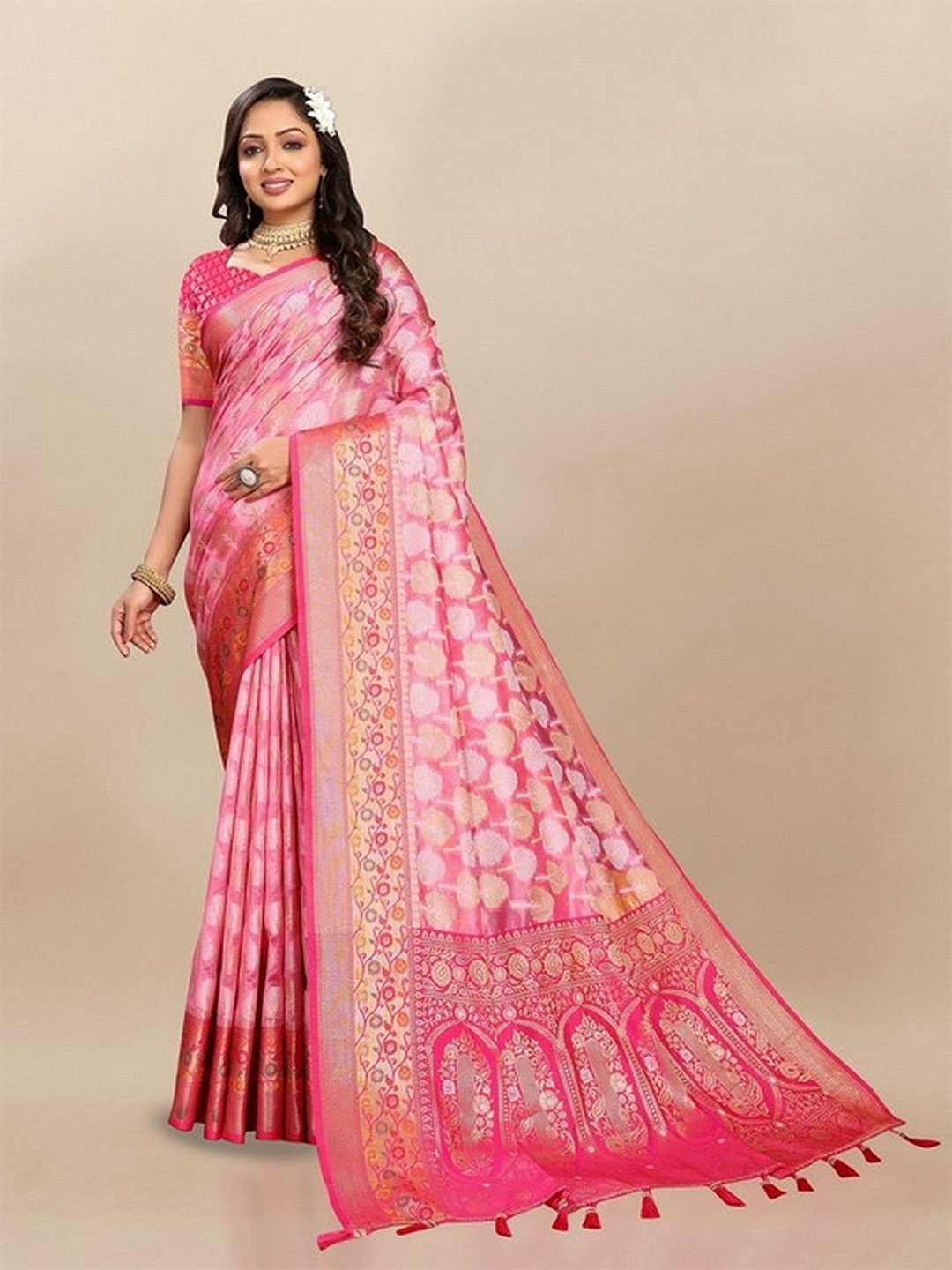 

VARNI FABRICS Woven Design Zari Pure Silk Banarasi Saree, Pink