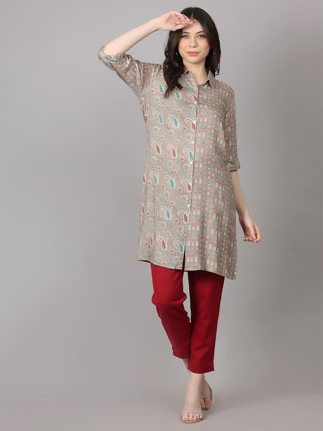 

Krimmple Women Printed Shirt Collar Kurtas, Grey