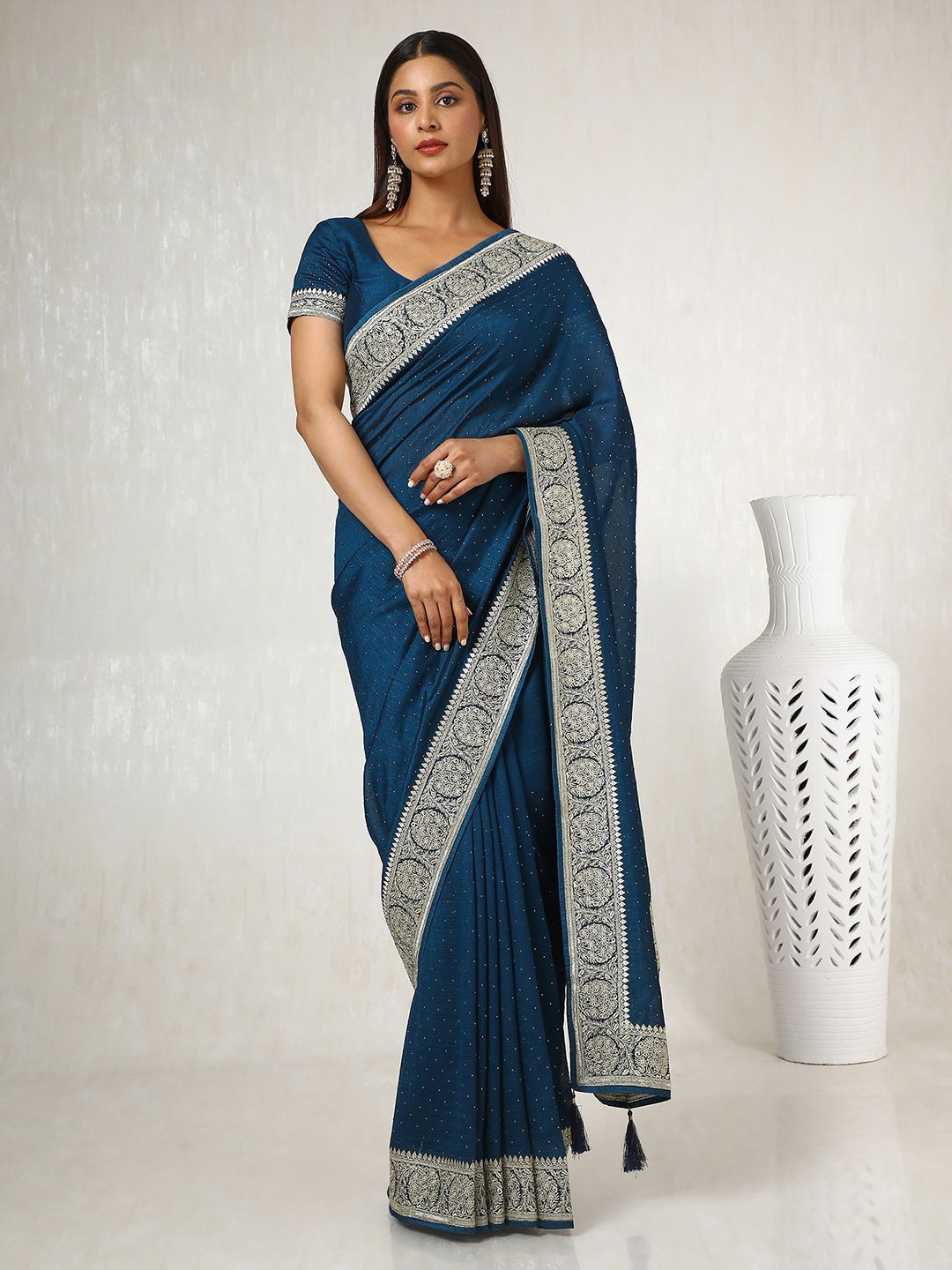 

Soch Floral Beads and Stones Silk Blend Tussar Saree, Blue