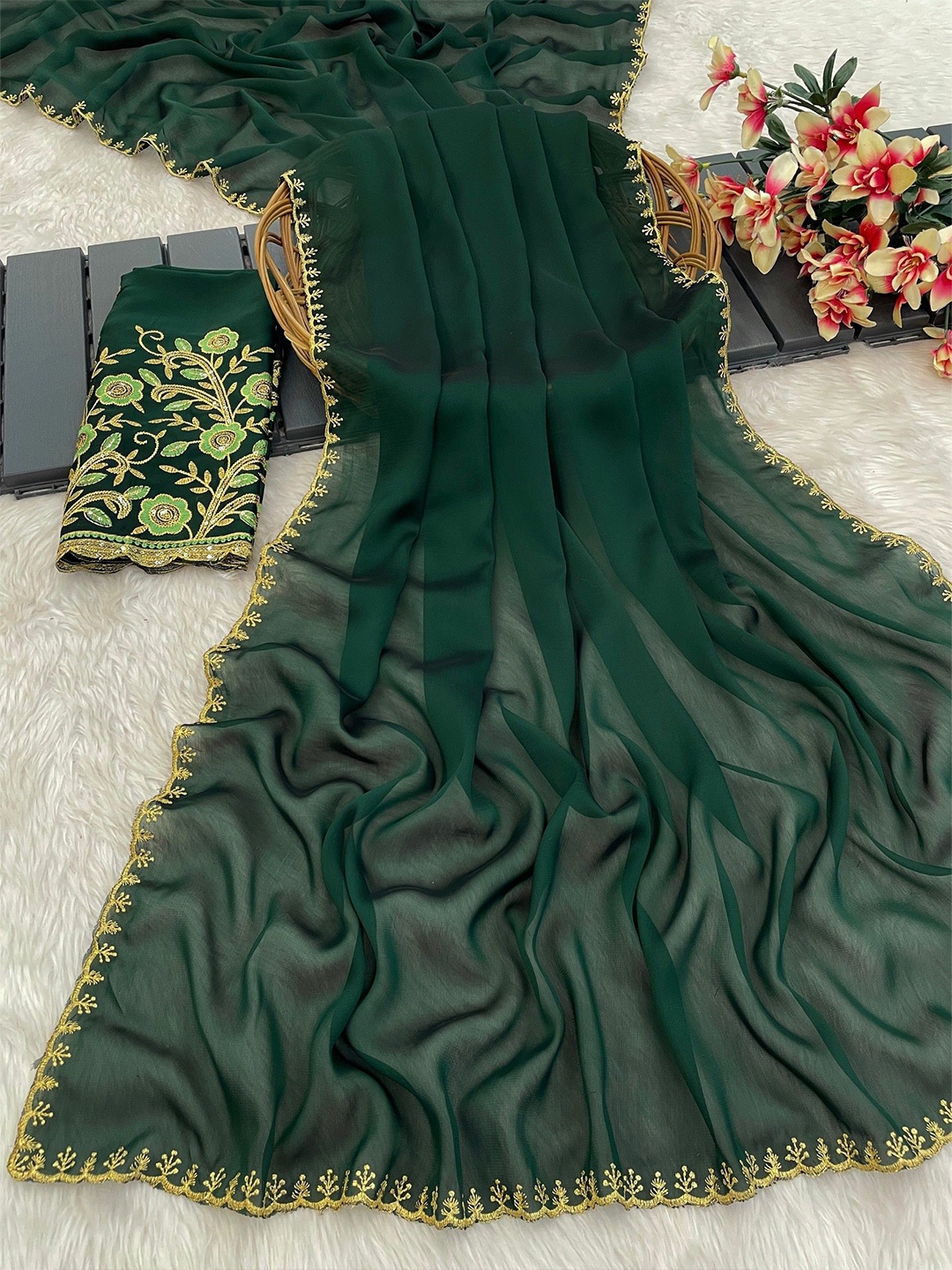 

K 5 Fashion Embroidered Pure Chiffon Saree, Green