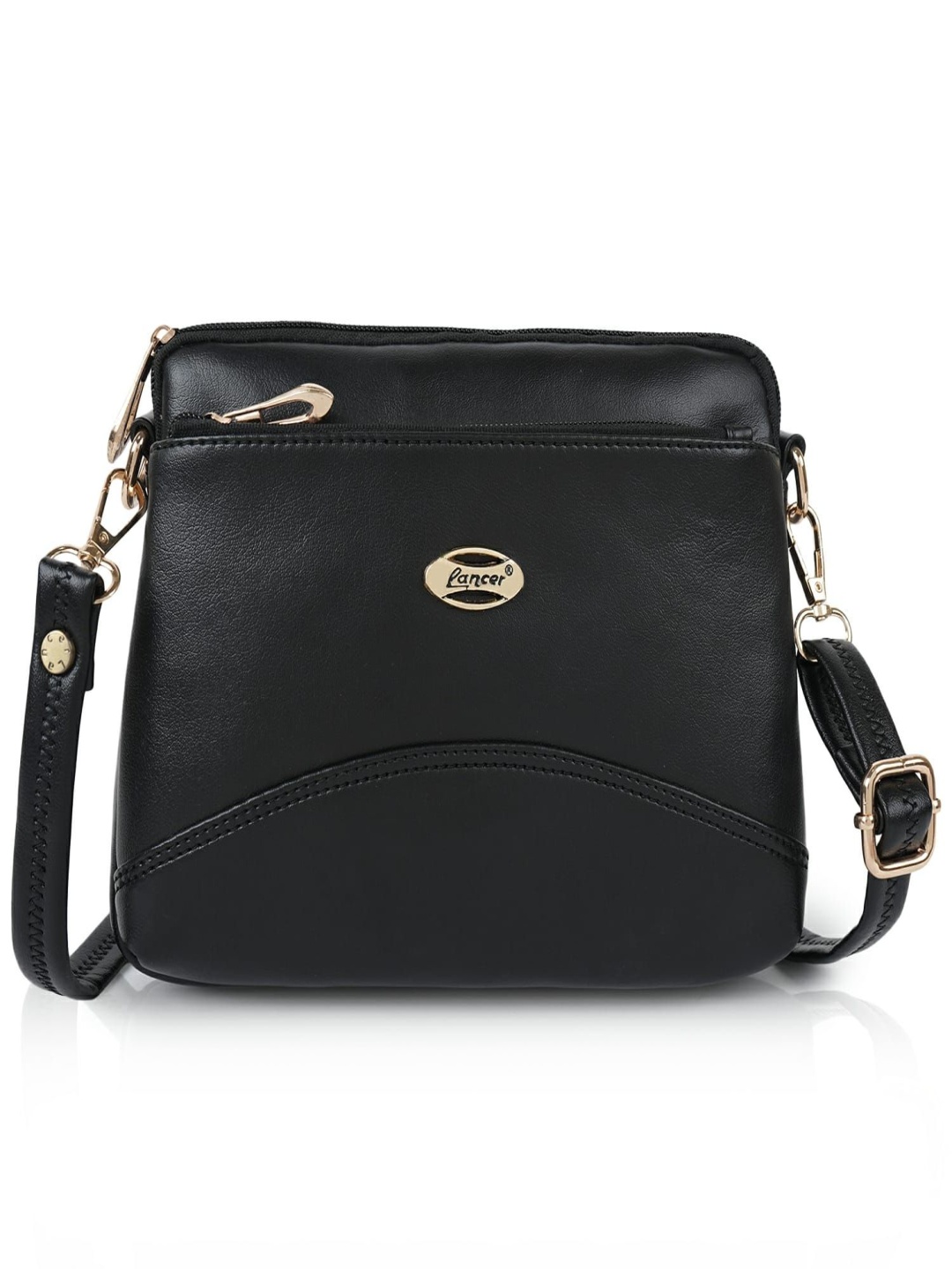 

Lancer Women Solid Structured Leather Sling Bag, Black