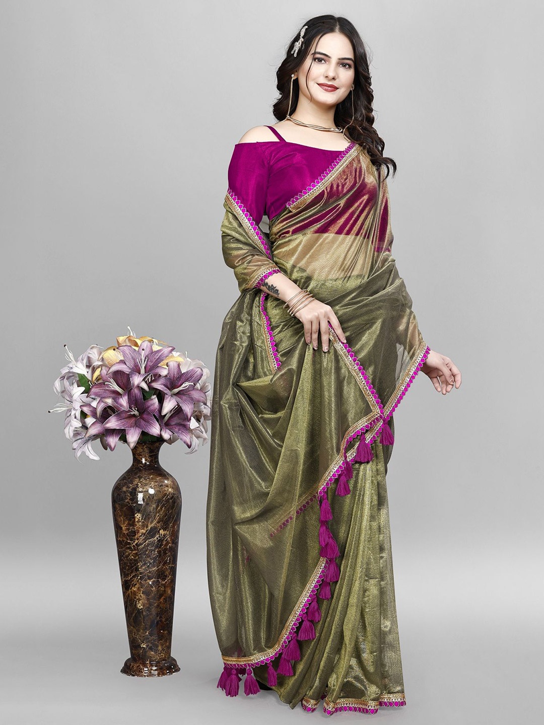 

LADY SHOPI Net Saree, Green