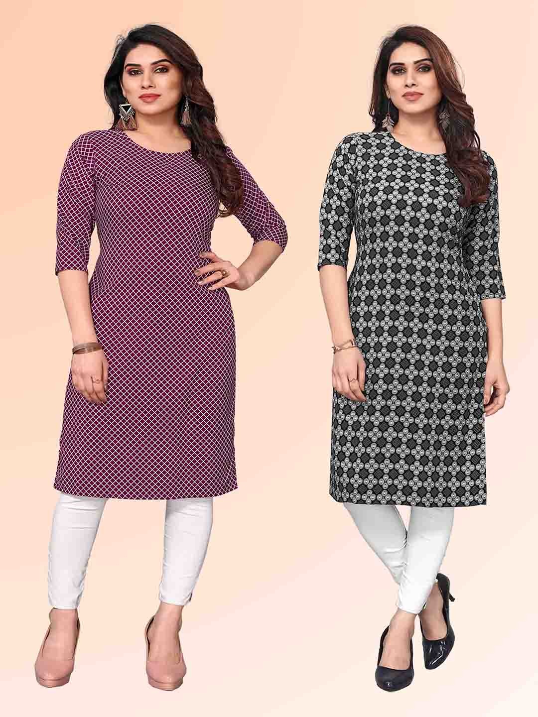 

KETAKI FASHION Selection Of 2 Geometric Printed Round Neck Straight Kurtas, Purple
