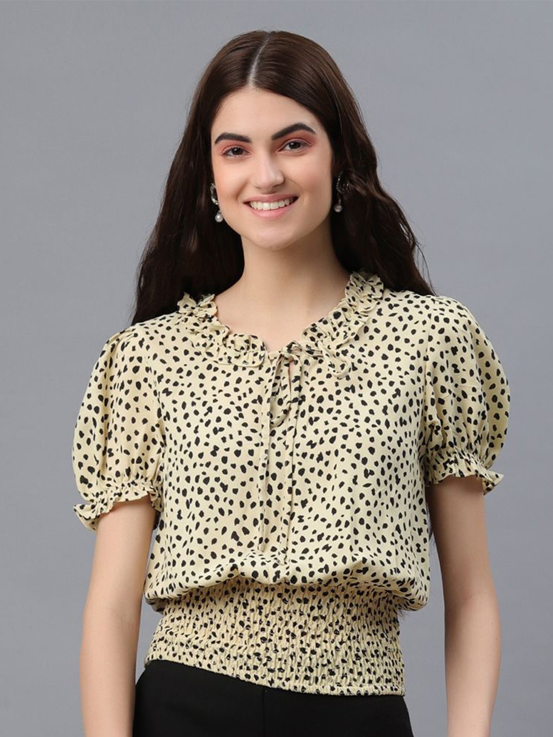 

DressBerry Animal Printed Tie-Up Neck Puff Sleeve Top, Beige