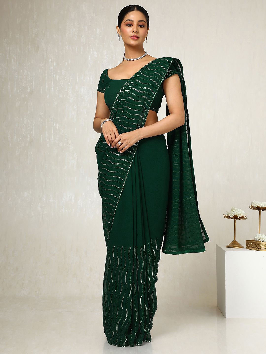 

Soch Sequinned Poly Georgette Saree, Green