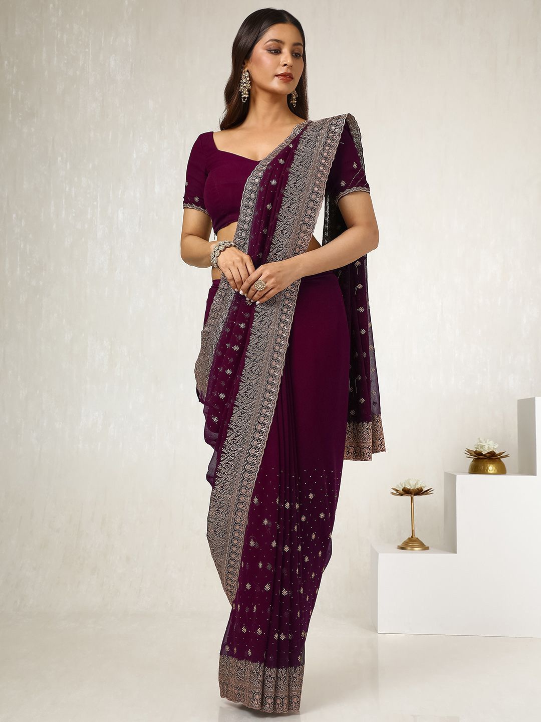 

Soch Floral Beads and Stones Poly Georgette Saree, Purple