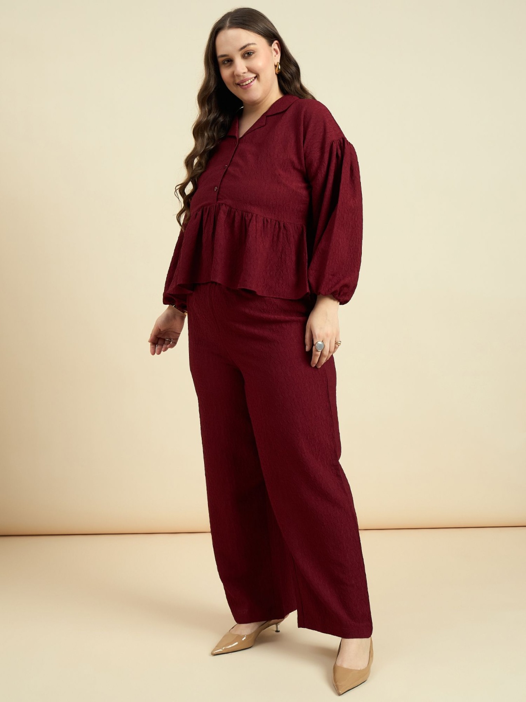 

all about you Maroon Plus Size Self Design Lapel Collar Tunic With Trousers