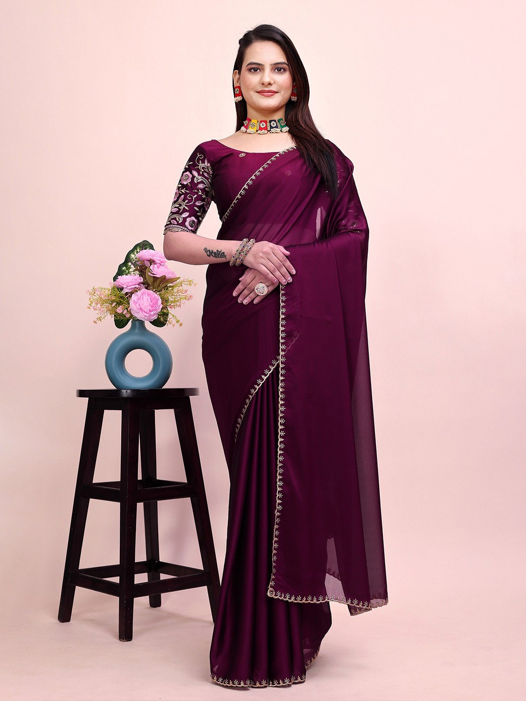 

K 5 Fashion Solid Embroidered Pure Chiffon Saree, Purple