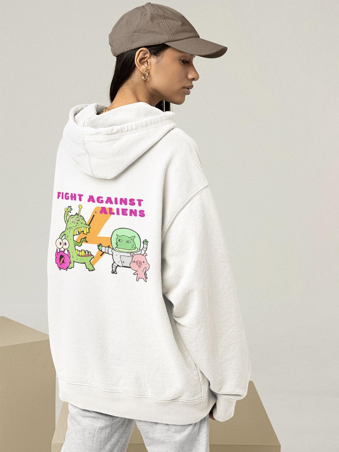 

TheBTclub Men Printed Fight Against Hooded Pullover Sweatshirt, White