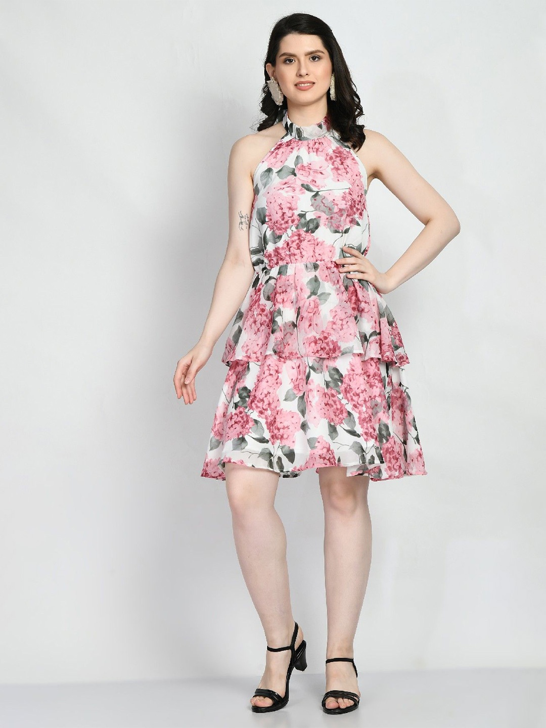 

COATTIRE Floral Print Georgette Fit & Flare Dress, Pink