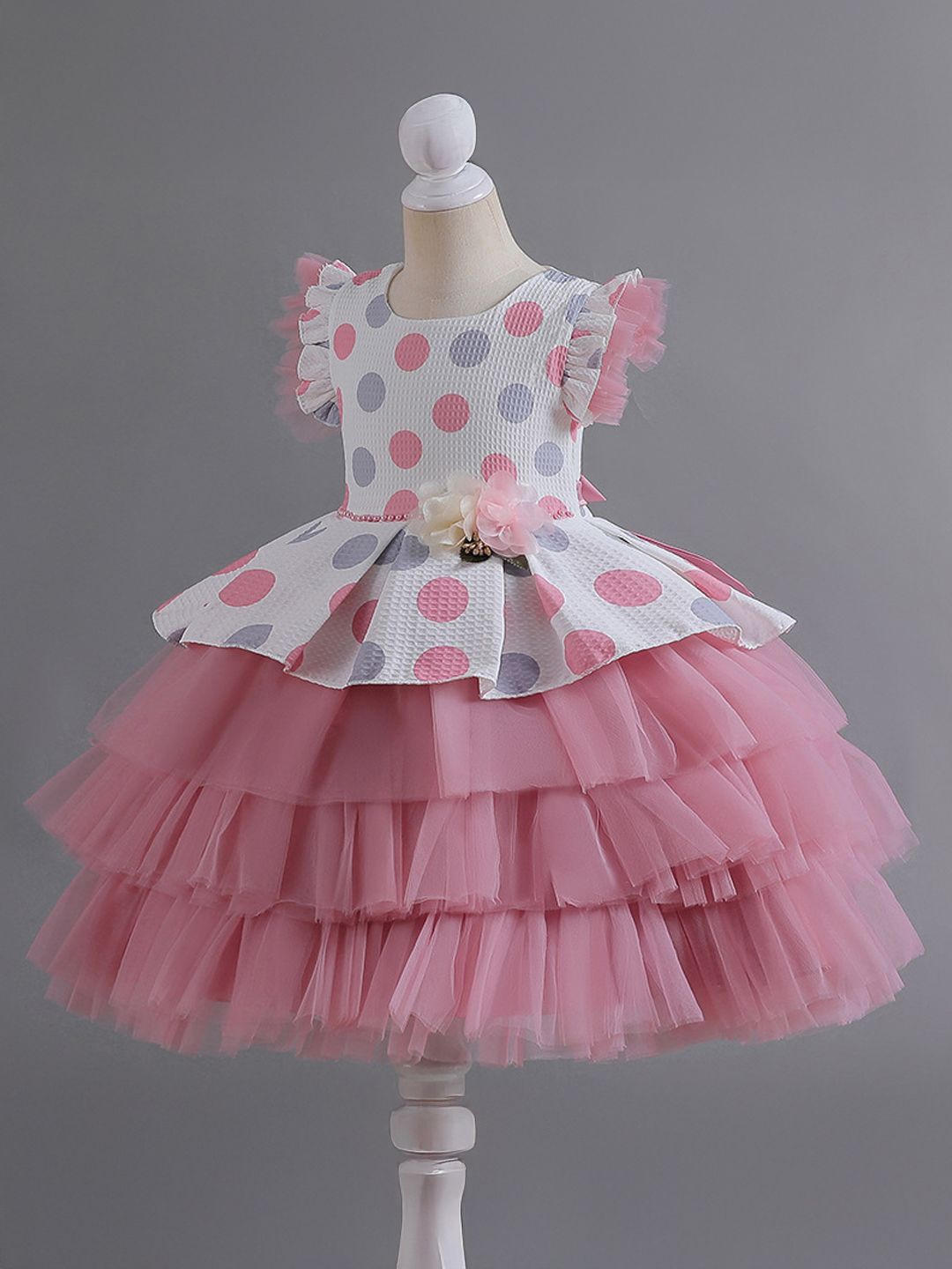 

Xsole Girls Polka Dots Printed Layered Fit & Flare Dress, Pink