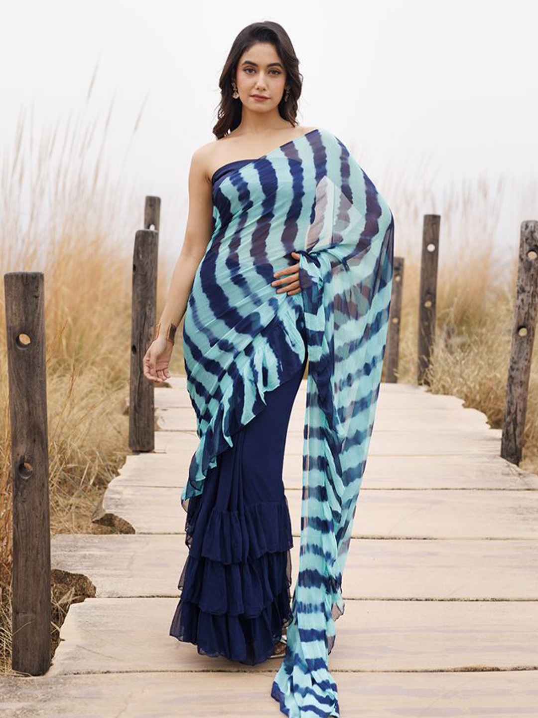 

Geroo Luxe Leheriya Pure Chiffon Ready to Wear Leheriya Saree, Blue