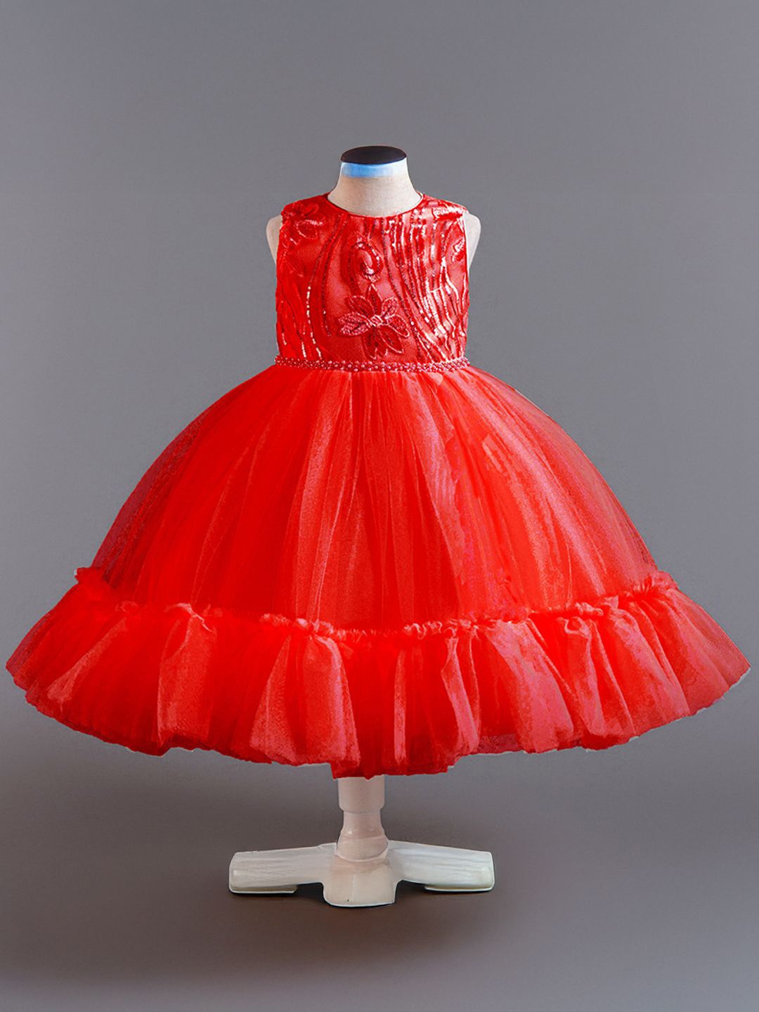 

Xsole Girls Embellished Sequined Tiered Empire Dress, Red