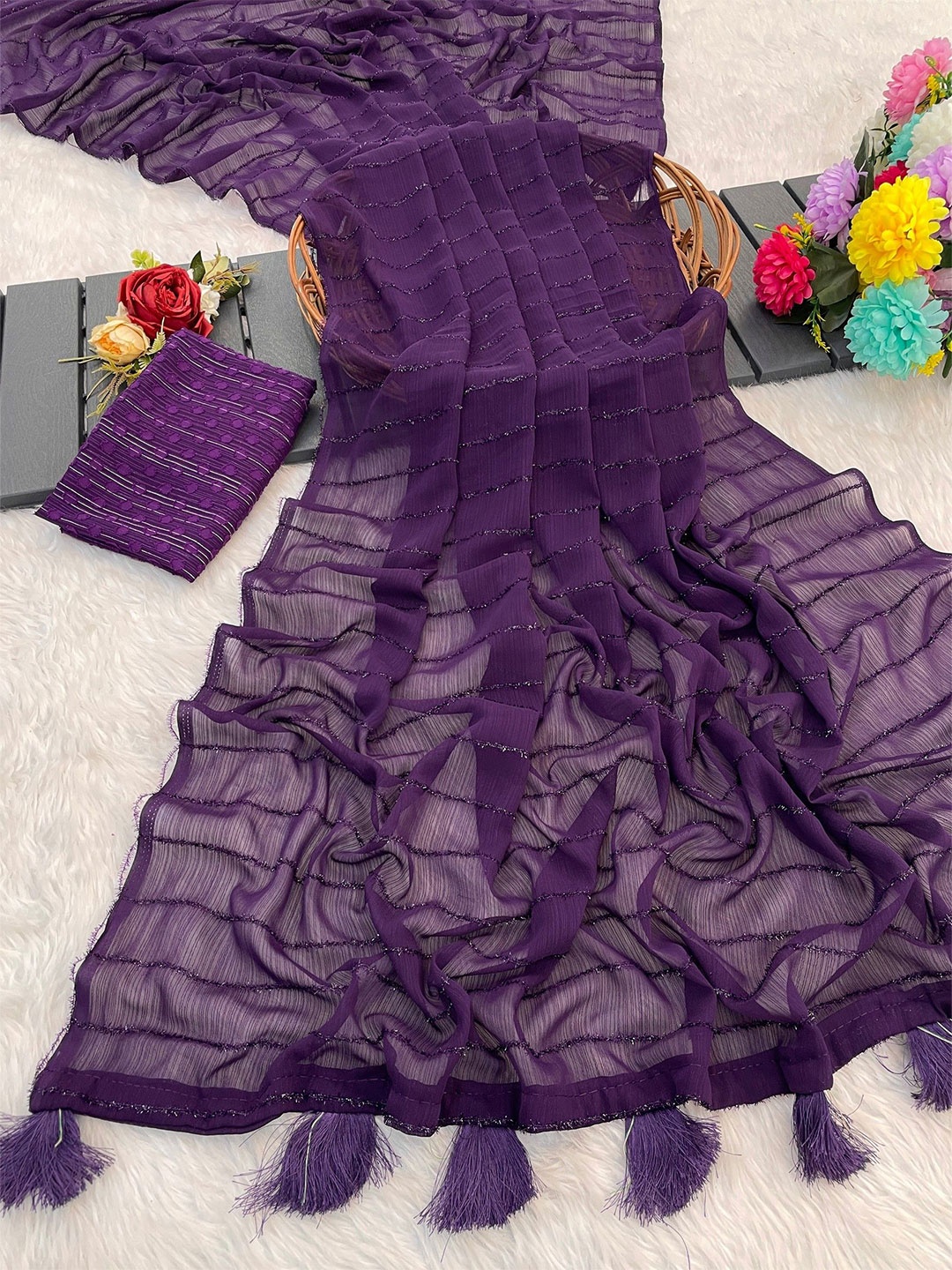 

K 5 Fashion Striped Embroidered Pure Chiffon Saree, Purple