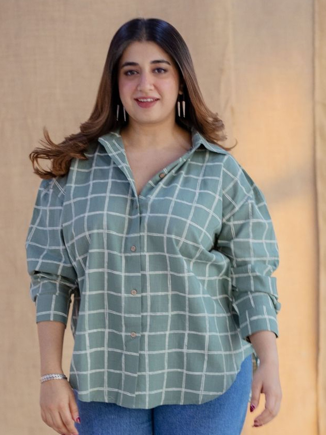 

THE INDIAN ETHNIC CO Women Tartan Checks Opaque Checked Casual Shirt, Green