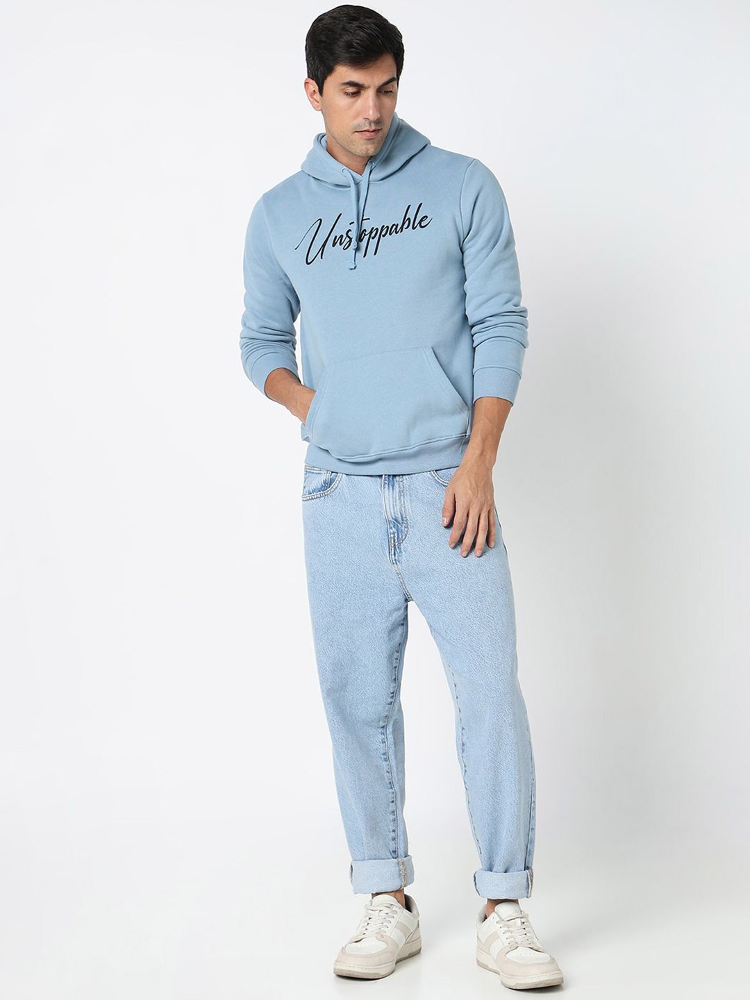 

R&B Men Printed Hooded Sweatshirt, Blue
