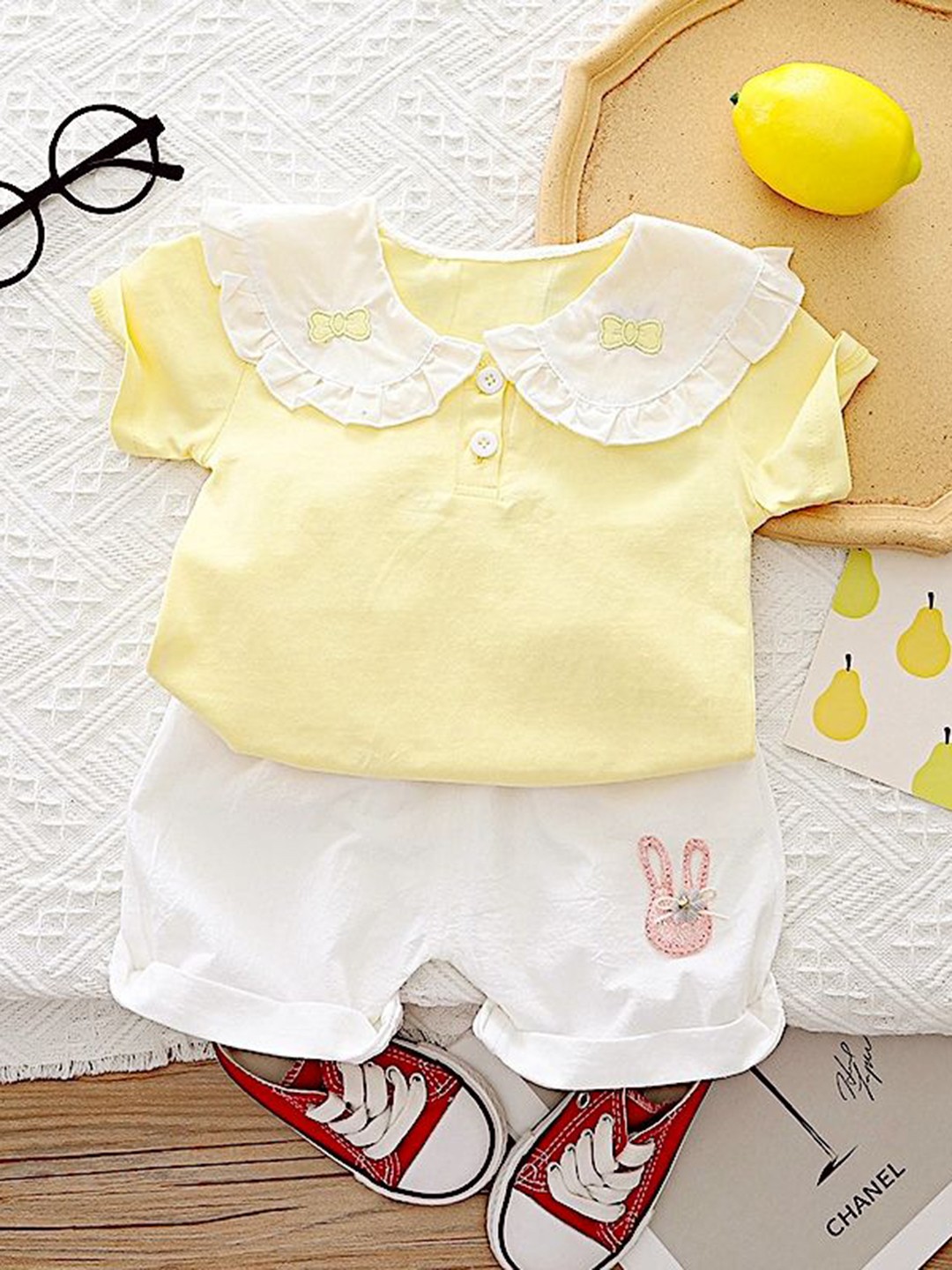 

BAESD Girls Printed Peter Pan Collar Pure Cotton Top With Shorts, Yellow