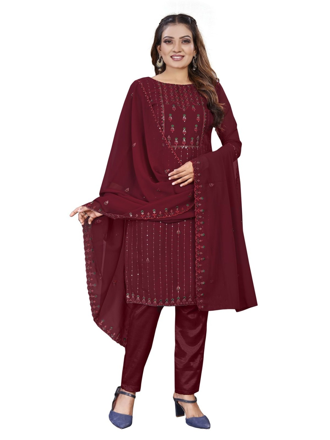 

A TO Z CART Embellished Silk Georgette Unstitched Dress Material, Maroon