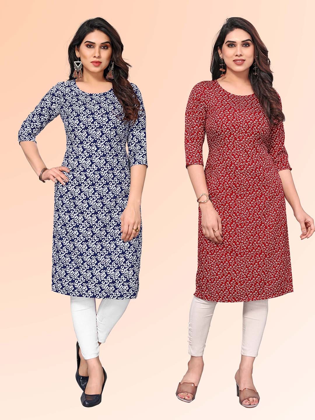 

KETAKI FASHION Selection Of 2 Abstract Printed Round Neck Straight Kurtas, Navy blue