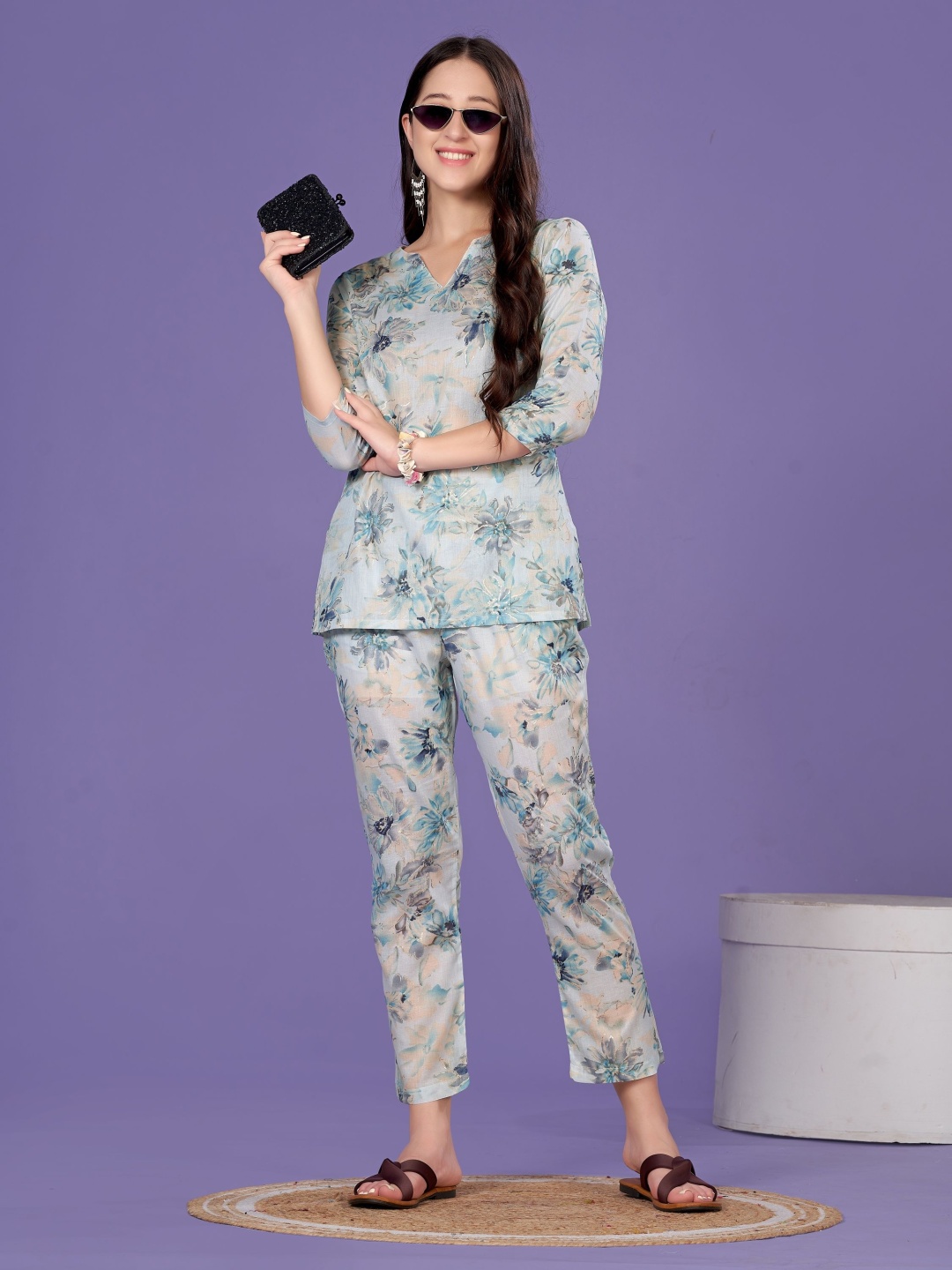 

Vegles Printed V-Neck Tunic With Trouser, Teal