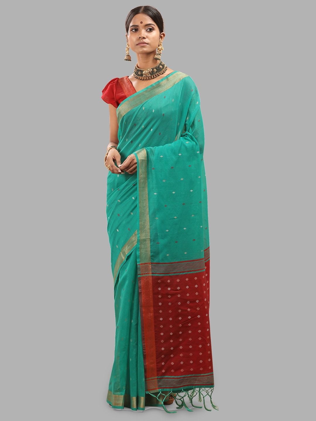 

Krimmple Ethnic Motifs Zari Silk Cotton Banarasi Saree, Sea green