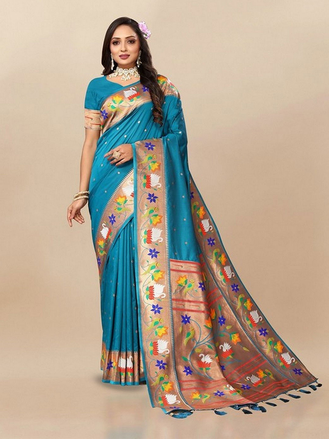 

VARNI FABRICS Woven Design Zari Pure Silk Paithani Saree, Red