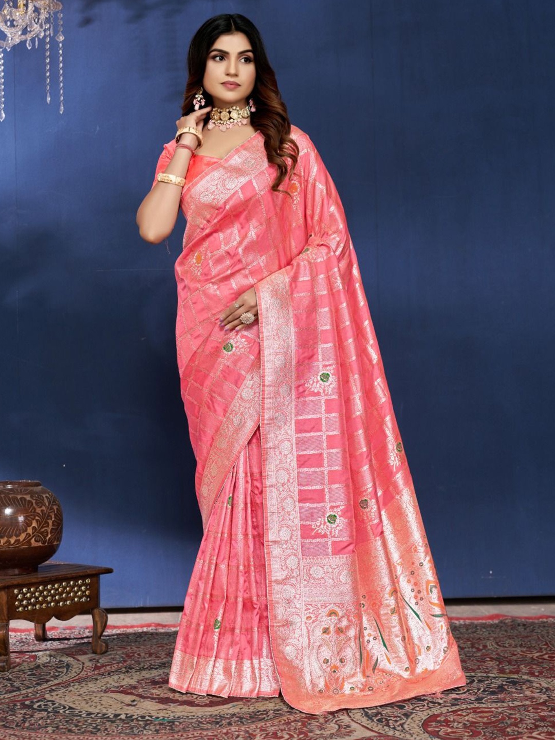 

Aagiri Woven Design Zari Pure Silk Banarasi Saree, Peach