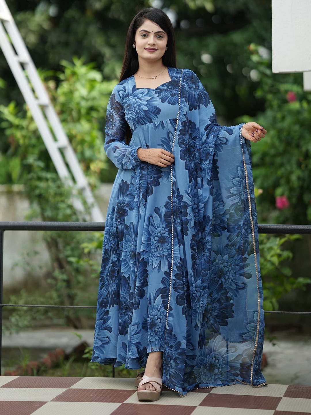 

A TO Z CART Print Georgette Fit & Flare Maxi Dress, Navy blue