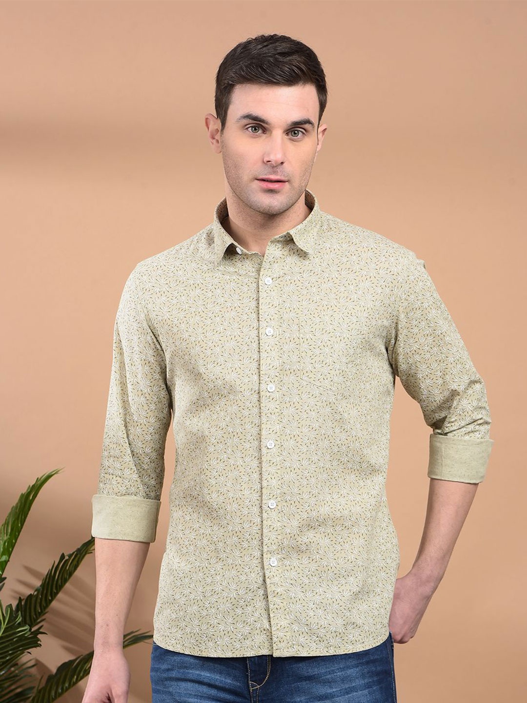 

Canary London Men Smart Slim Fit Spread Collar Floral Printed Cotton Casual Shirt, Khaki