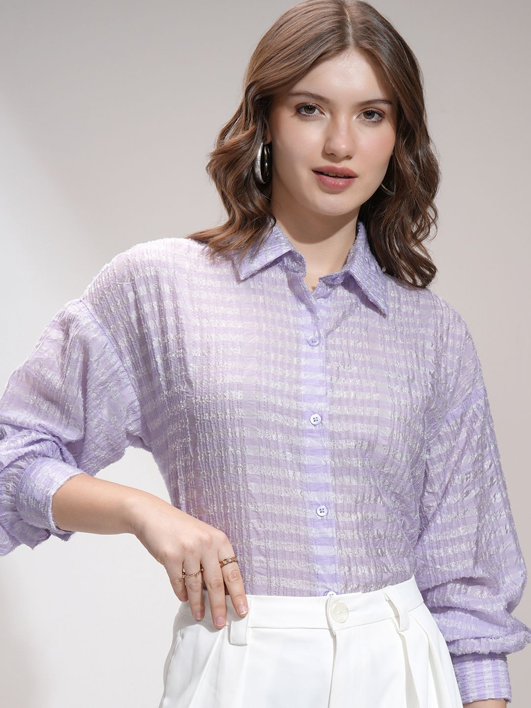

Tokyo Talkies Women Oversized Checked Formal Shirt, Purple