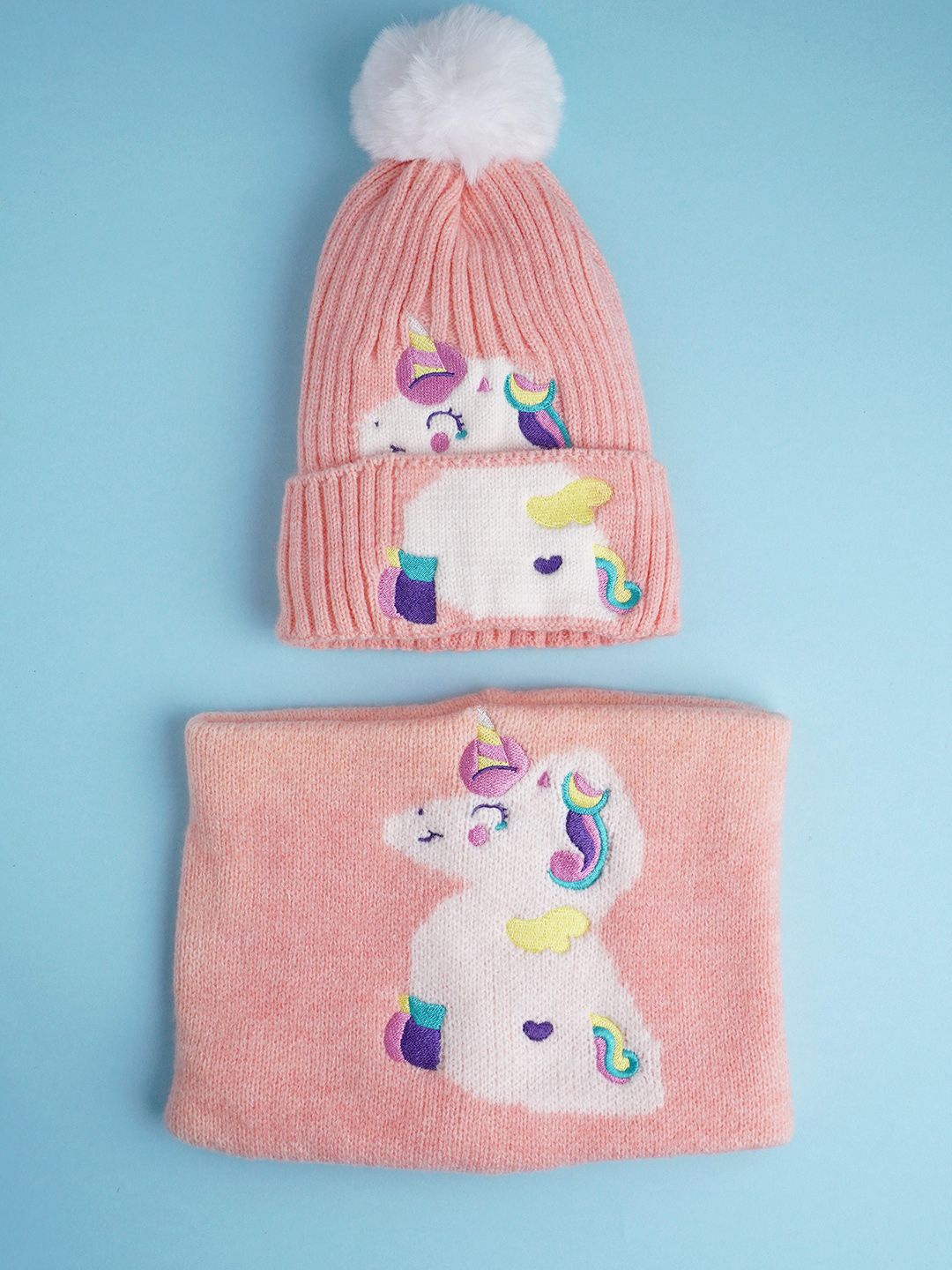 

Little Surprise Box LLP Kids Unicorn Themed Beanie Winter Cap With Cuff Style Muffler, Peach