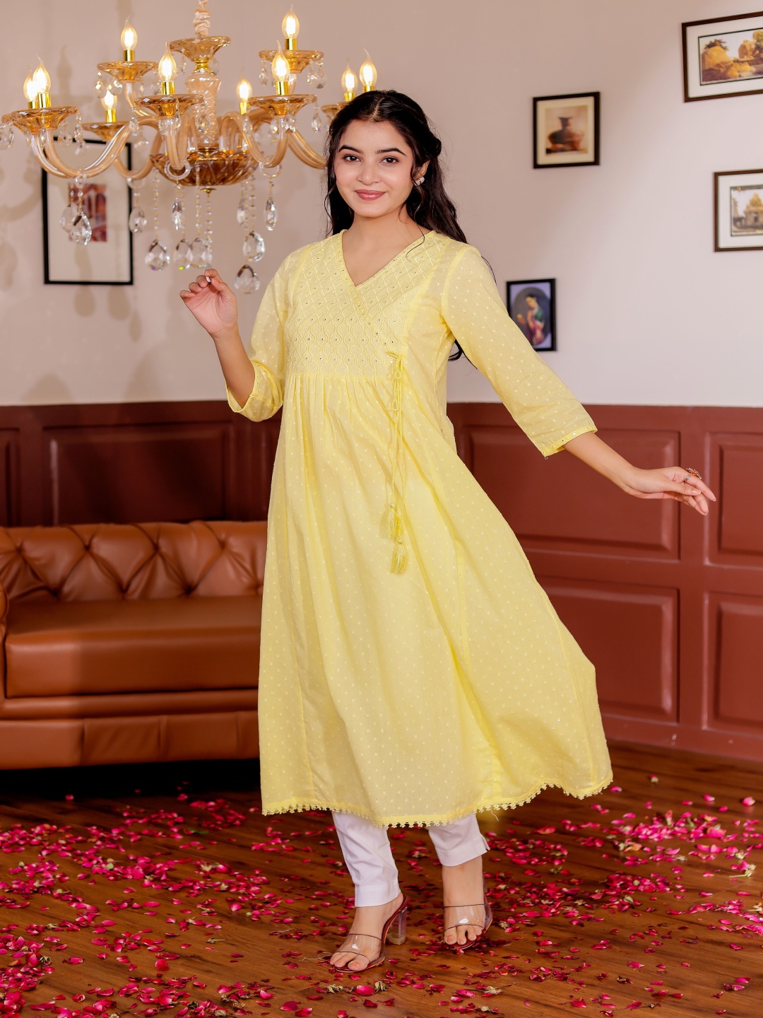 

Chandbaali Women Ethnic Motifs Mirror Work V-Neck Angrakha Kurta, Yellow