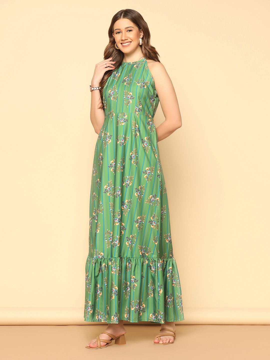 

BAESD Women Floral Printed Halter Neck Ruffled Crepe Maxi Dress, Green