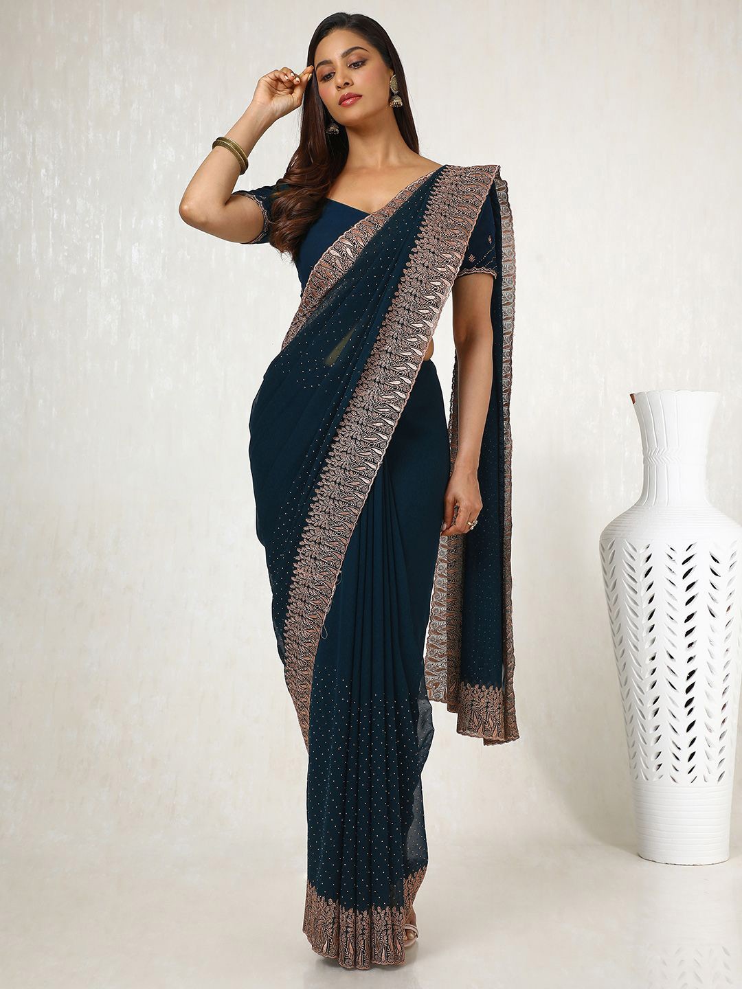 

Soch Embellished Beads and Stones Poly Georgette Saree, Blue