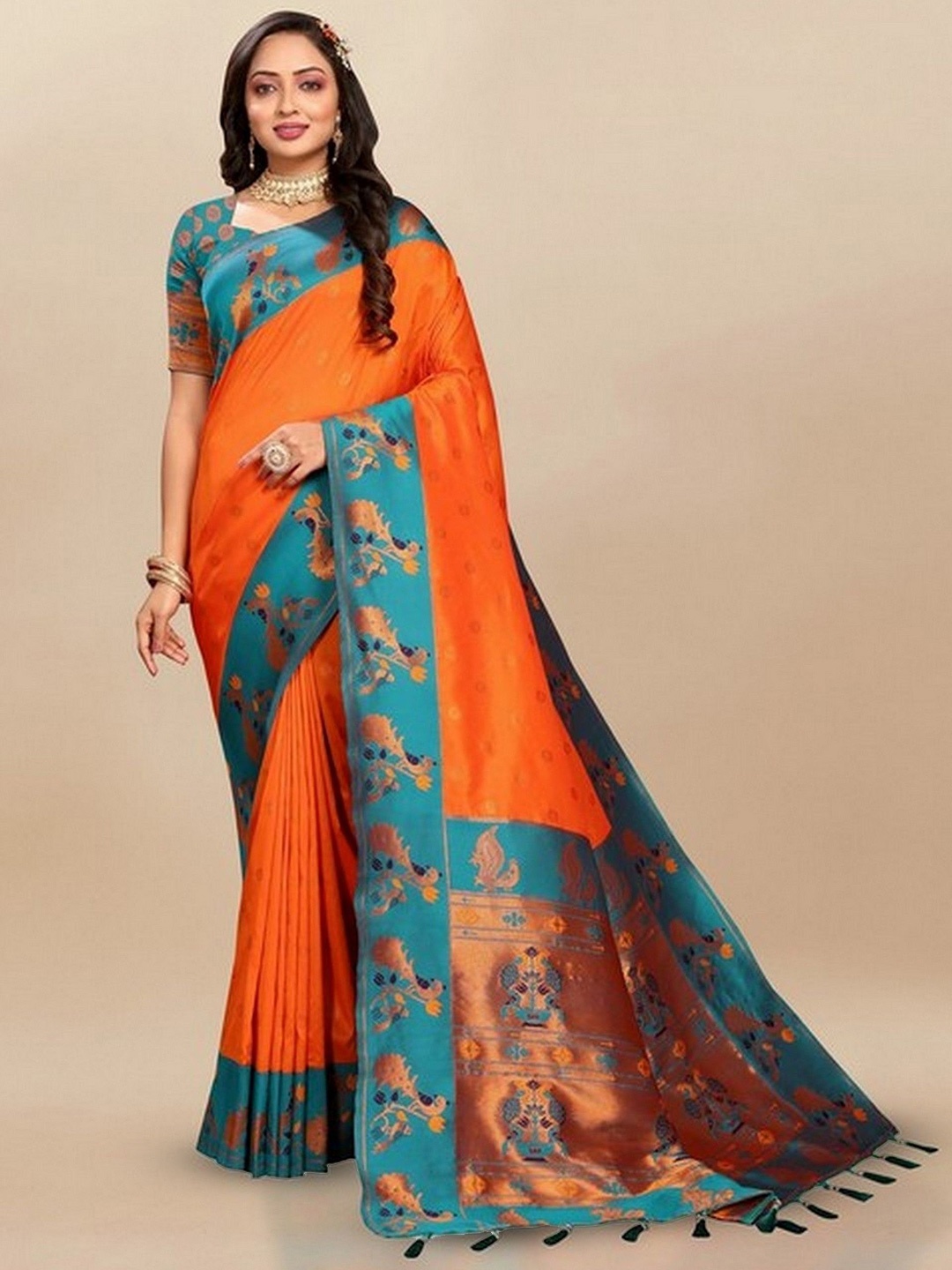 

VARNI FABRICS Woven Design Zari Pure Silk Paithani Saree, Orange