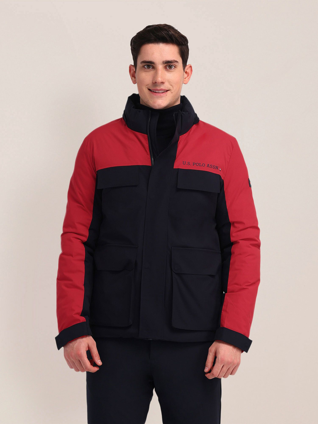 

U.S. Polo Assn. Men Hooded Colourblocked Casual Tailored Jacket, Black