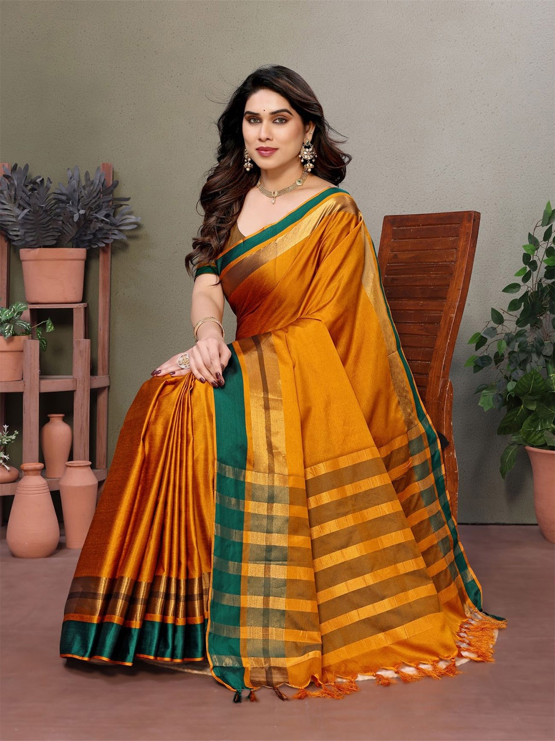 

vj fashion Solid Striped Zari Saree, Mustard