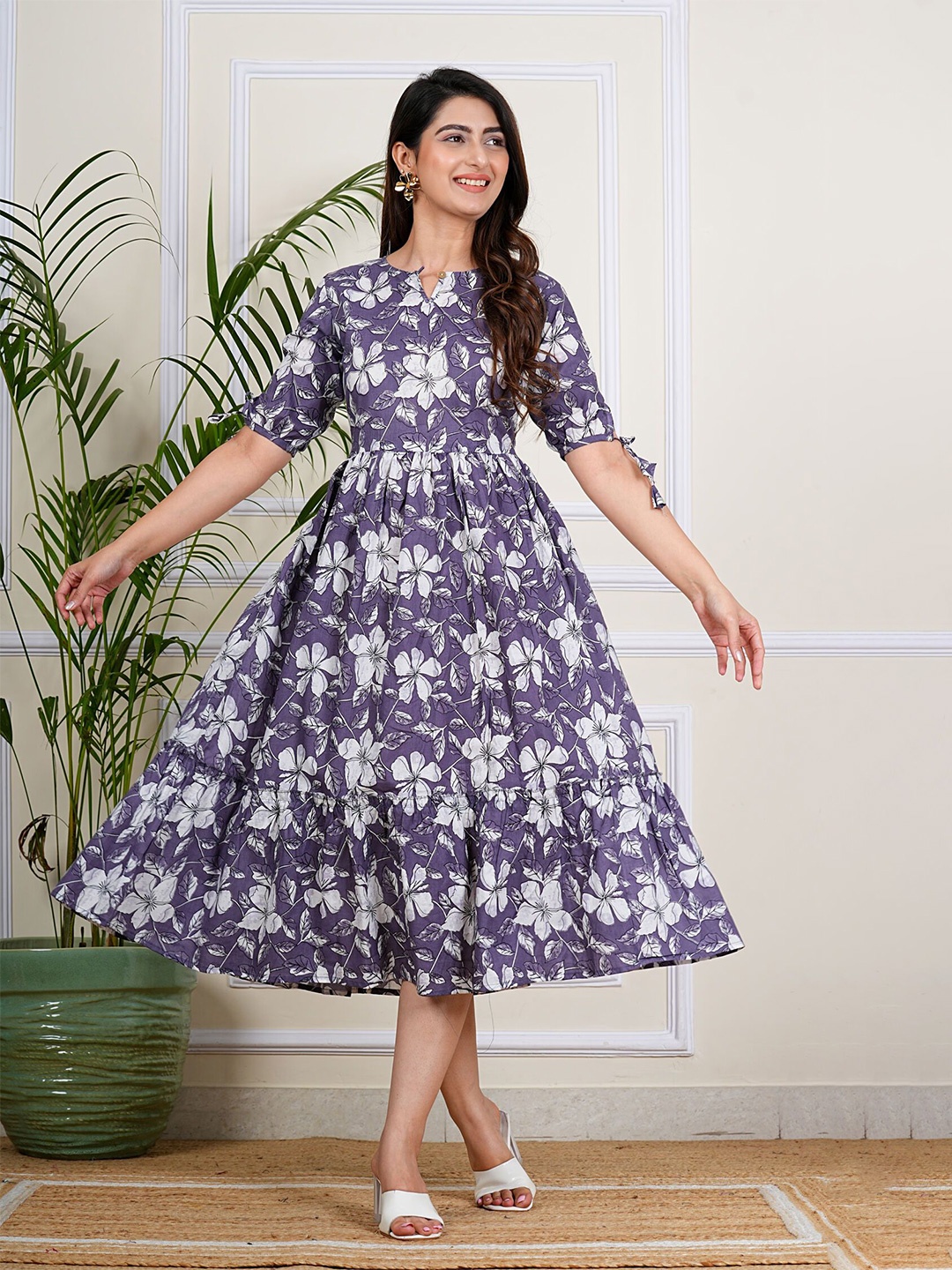 

SITA FASHION HUB Women Floral Printed Cotton Fit & Flare Midi Dress, Grey