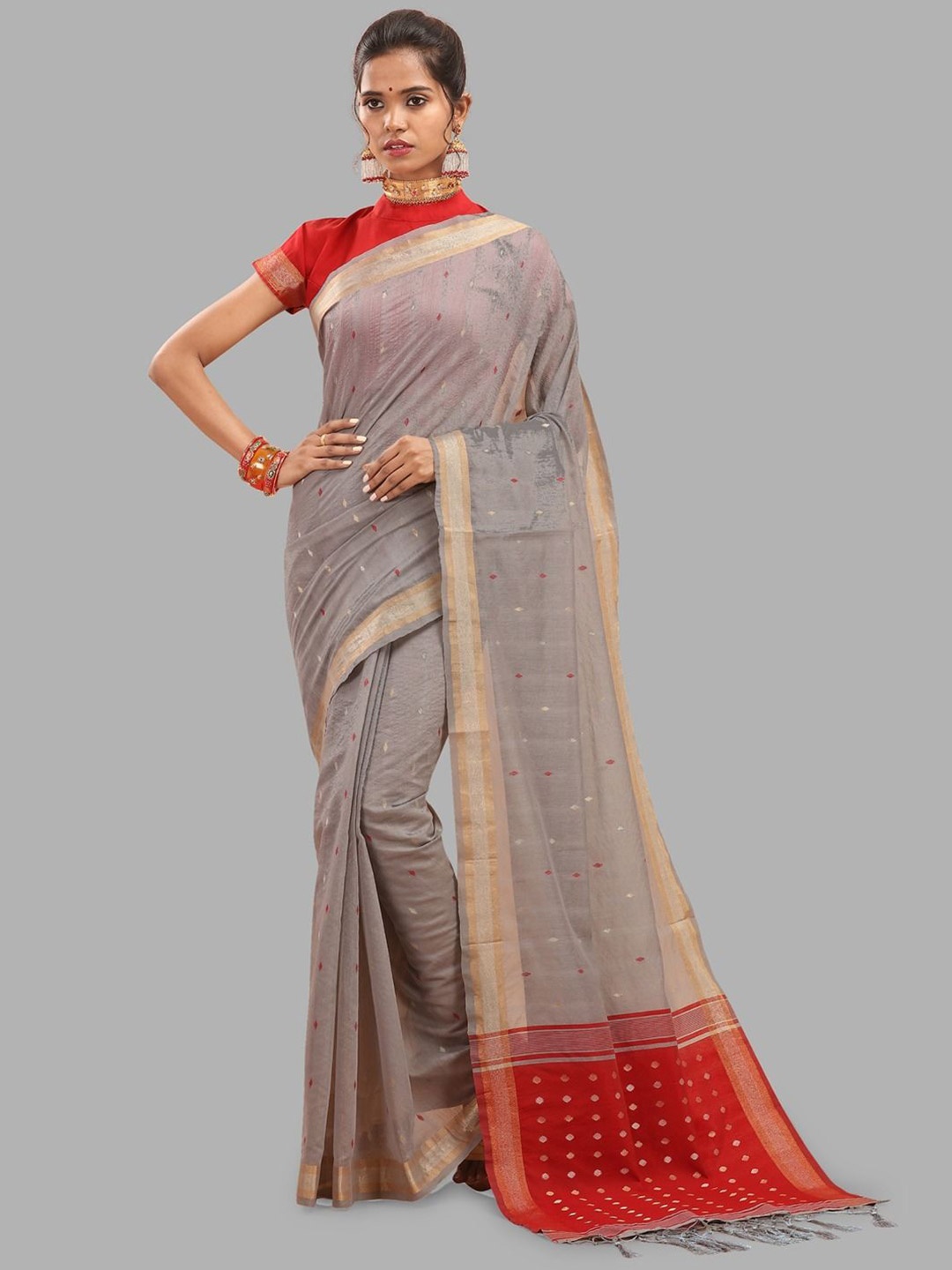 

Krimmple Woven Design Zari Silk Cotton Banarasi Saree, Grey